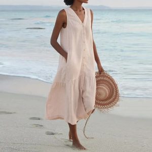 Women Summer Cotton Linen Patchwork Midi Dress with Pockets