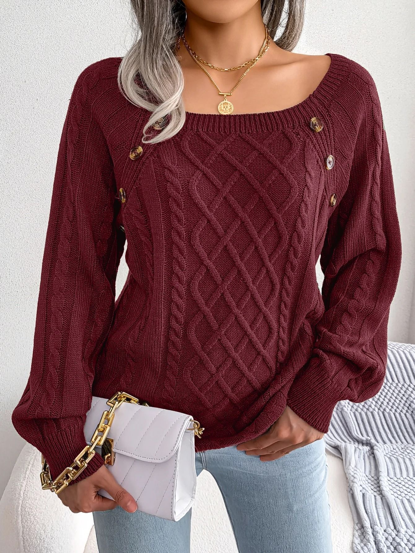 Womens Square Neck Button Front Knitted Sweater Long Sleeve Pullover