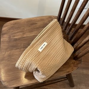 Women's Travel Cosmetic Storage Organizer, Rice Grain Pattern Woven Fabric Handbag, Makeup Pouch, Zipper Closure