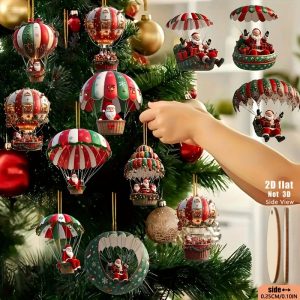 12pcs Wooden Santa Hot Air Balloon Christmas Tree Ornaments