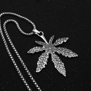 3D Large Cannabis Marijuana Leaf Pendant Necklace for Men in Stainless Steel
