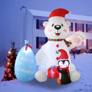 7ft Christmas Inflatable Polar Bear & Penguin with Gift Bags - LED Rotating Outdoor Holiday Decoration