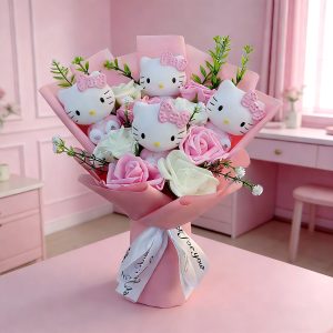 Anime Hello Kitty Plush Bouquet, Artificial Rose Flowers Doll, Perfect Valentine's Day & Wedding Decoration Gift