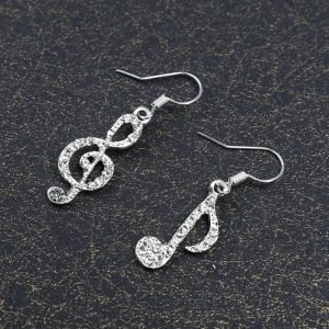 Asymmetric Women Bling Crystal Tassel Earrings, Treble Bass Clef Stud, Elegant Music Jewelry
