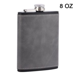 Brown Leather Hip Flask for Whiskey, Portable Stainless Steel Flask in 6oz or 8oz