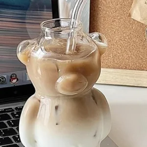 Cartoon Bear Shaped Mug Cute Glass Cup with Straw for Women, Kids, & Friends Unique Gift for Birthdays & Christmas