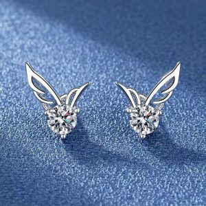 Crystal Angel Wings Women Stud Earrings, Elegant Sterling Silver Jewelry