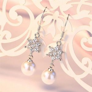 Elegant Tassel Pearls Silver Earrings, Bling Stars Stud, Women Crystal Jewelry