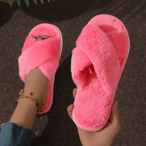 Fashion Cross Strap Faux Fur Slippers Cozy Indoor Plush Slippers for Women Light Warm Home Slides with Flat Heel