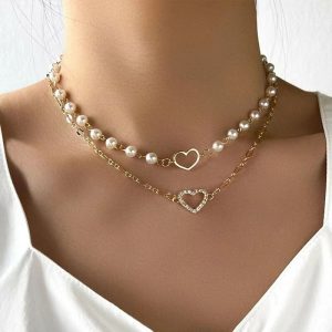 Fashion Women Faux Pearl Necklace with Crystal Heart Pendant - Elegant Double Design