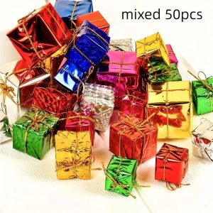 FestiveGlow Mini Christmas Gift Box Ornaments for Tree & DIY Party Decor (50-Piece Set)