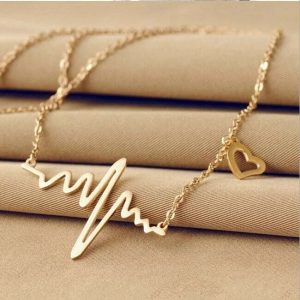 Gold Love Heart Necklace, Fashion Women Chain, Heartbeat Pendant Jewelry