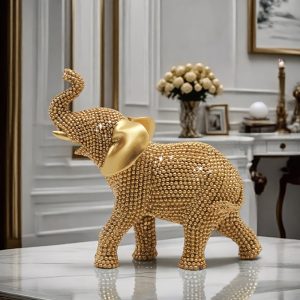 Golden Elephant Beaded Figurine, Good Luck Animal Ornament for Home Decoration