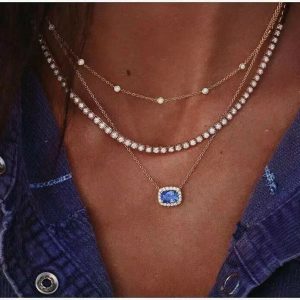 Layered Bling Chain Necklace, Women Fashion Jewelry, Crystal Blue Pendant