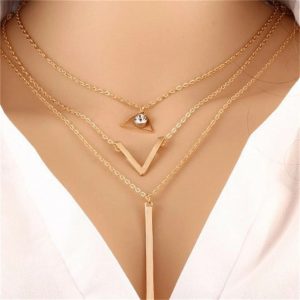 Layered Crystal Necklace for Women, V Letter Choker Pendant, Triangle Line Design
