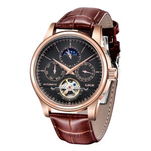 Men Automatic Mechanical Tourbillon Watch Waterproof Military Wristwatch with Genuine Leather Strap