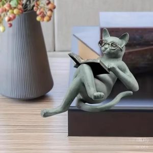 Reading Cat Statue Book Lover Desk and Bookshelf Decor