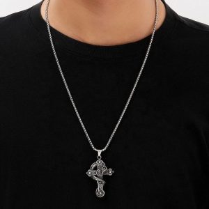 Retro Diablo Dragon Skull Cross Pendant Men Stainless Steel Chain Necklace