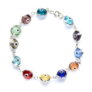 Solid Sterling Silver Multi-Color Crystal Evil Eye Bracelet, Link Chain, Unique Crystal Jewelry for Protection