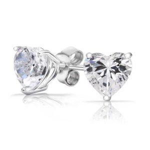Sterling Silver HEART Shaped Stud Earrings, Cubic Zirconia Silver Round CZ, Sparkling Jewelry Gift