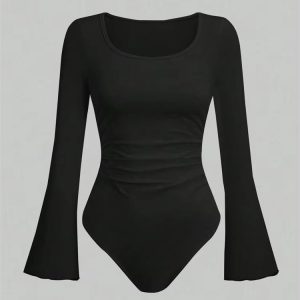 Street Chic Ruched Flare Sleeve Bodysuit for Women Round Neck Pleated Long Sleeve Top
