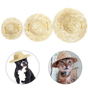 SunReady Dog Straw Hat for Small Dogs & Cats Adjustable Pet Sun Hat