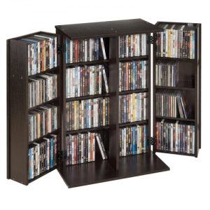 VEVOR Media Storage Cabinet, 4-Tier DVD Shelf Organizer, 24.02 x 14.49 x 33.31 in Multimedia Storage Organizer for CDs, DVDs, Books, Games, CD Shelf for Living Room, Home Office, Recording Room, Brown