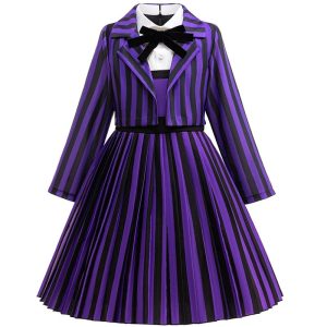 Wednesday Enid Sinclair Girls 2-Pcs Cosplay Dress - Kids Striped Party & Halloween Costume Outfit
