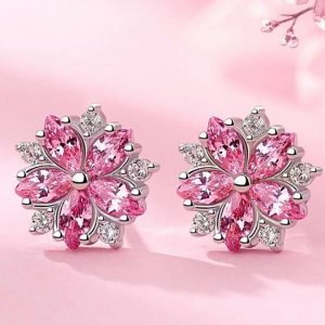 Women Sterling Silver Earrings, Crystal Stud Pink Flowers Jewelry