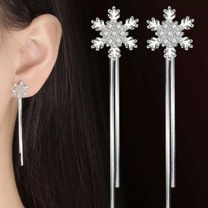 Women Sterling Silver Snowflake Crystal Tassel Earrings, Elegant Studs
