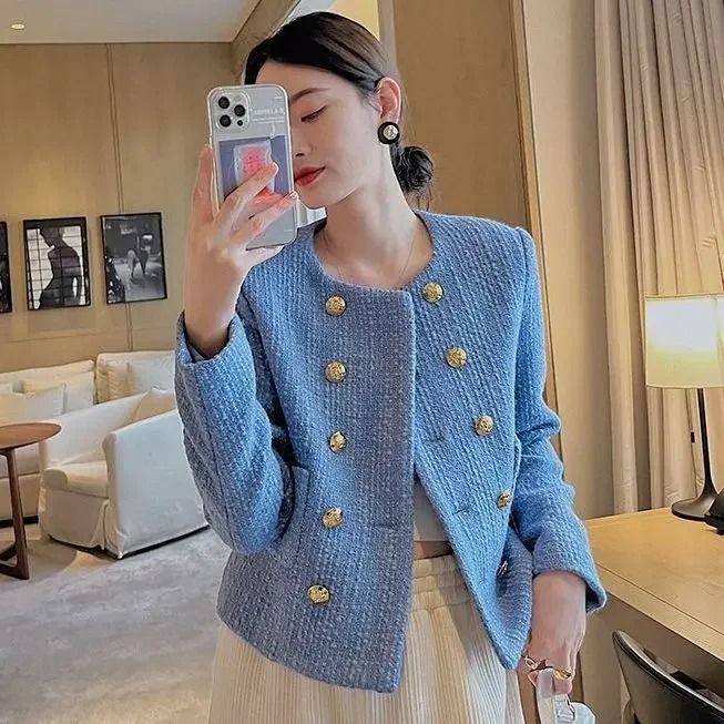 Womens Blue Tweed Wool Blend Short Jacket
