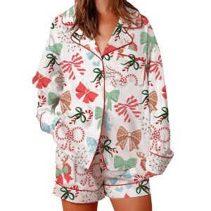 Womens Festive Holiday Bow Print Pajama Set
