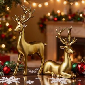 2-Piece Gold Reindeer Christmas Table Decor - Elegant Elk Statues for Home, Office & Rustic Xmas Decor