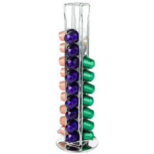 360 Rotating Coffee Capsule Holder - 40 Pod Silver Storage Rack for Coffee Stations