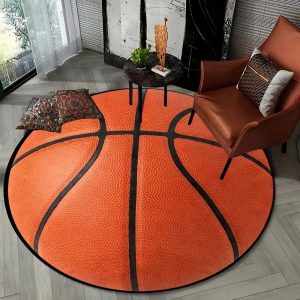 3D Basketball Rug Round Area Rug Non Slip Sports Room Decor