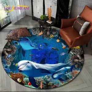 3D Seabed Illusion Dolphin Rug - Underwater World Round Area Carpet for Living Room, Bedroom & Playroom Deco