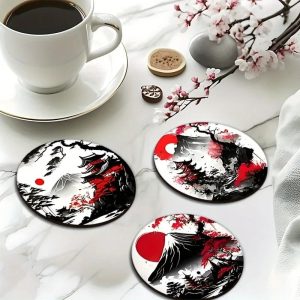 6-Piece Japanese Landscape Coaster Set | Zen Wooden Non-Slip & Heatproof Drink Mats