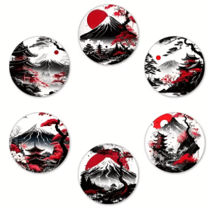 6-Piece Wooden Coaster Set - Japanese Landscape Heat-Resistant Drink Coasters