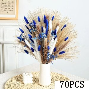 70-Stem Blue Rabbit Tail Pampas Grass | Dried Flower Bouquet with Gypsophila | Natural Interior Living Room Decor