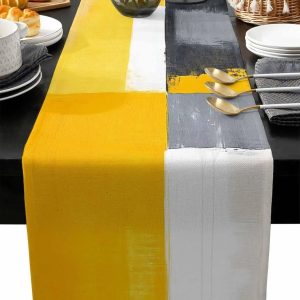 Abstract Geometric Linen Table Runner | Yellow & Grey Art Deco Dresser Scarf | Modern Holiday Kitchen & Party Table Deco