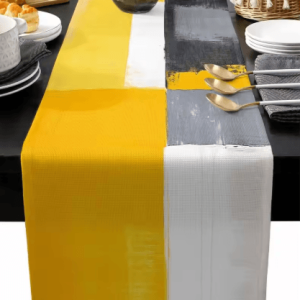 Abstract Linen Table Runner Modern Yellow Grey Geometric Dining Table Decor