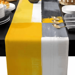 Abstract Yellow Linen Table Runner - Modern Geometric Kitchen & Dining Table Decor