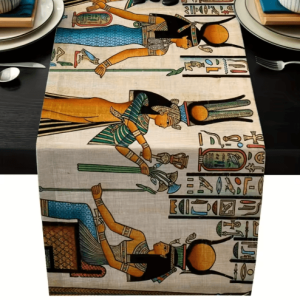 Ancient Egyptian Linen Table Runner - Ethnic Mural Boho Farmhouse Dining Decor