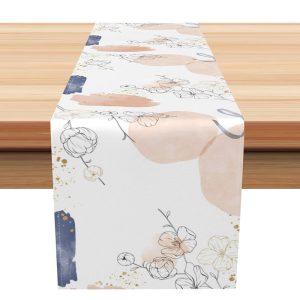 Aperturee Modern Carved Kapok Flower Table Runner, Abstract Botanical Dining Decor, Neutral Tone Minimalist Kitchen Linen,