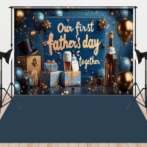 Aperturee Our First Fathers Day Together Combo Set Backdrop, Navy Blue and Gold Balloons Beer Bottle Photography Background