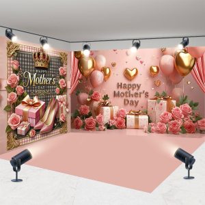 Aperturee Pink Happy Mothers Day Floral Room Set Backdrop, Gold Balloons Gift Box Photography Background