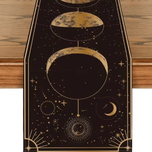 Astrology Moon Phase Linen Table Runner - Mystical Celestial Gothic Dining Decor