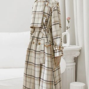 Autumn Winter Long Plaid Wool Blend Trench Coat