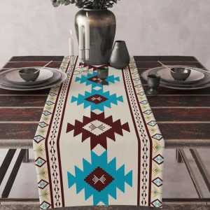 Aztec Ethnic Tribal Style Linen Table Runner - Boho Abstract Geometric Texture for Kitchen, Party & Dining Table Decor