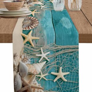 Beach Starfish Shell Linen Table Runner Ocean Style Decor